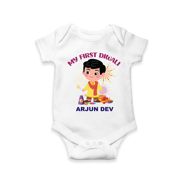 My First Diwali Personalized Diwali Themed Romper For Boys - WHITE - 0 - 3 Months Old (Chest 16")