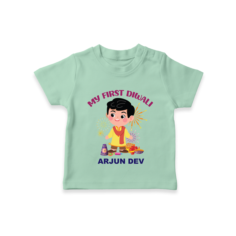 My First Diwali Personalized Diwali Themed T-Shirt For Boys - MINT GREEN - 0-5 Months Old (Chest 17")