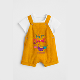 My 1ST Diwali - Personalized Diwali Theme printed Dungaree Set For Kids - CHROME YELLOW - 0 - 5 Months Old (Chest 18")