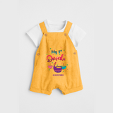 My 1ST Diwali - Personalized Diwali Theme printed Dungaree Set For Kids - PASTEL YELLOW - 0 - 5 Months Old (Chest 18")