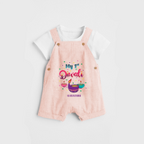 My 1ST Diwali - Personalized Diwali Theme printed Dungaree Set For Kids - PEACH - 0 - 5 Months Old (Chest 18")