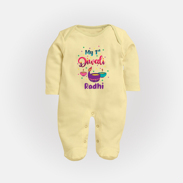 Happy Diwali | Little Pataka Celebration Sleep Suit - PASTEL YELLOW - New Born (Chest 7.5")