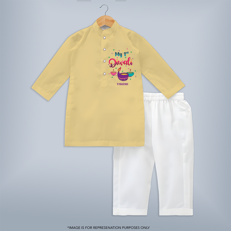 Diwali Celebration My 1ST Diwali Customized Diwali Theme printed Kurta Set For Kids - YELLOW - 3 - 6 Months Old (Chest 24", Kurta Length 14'', Waist 19", Pant Length 14")