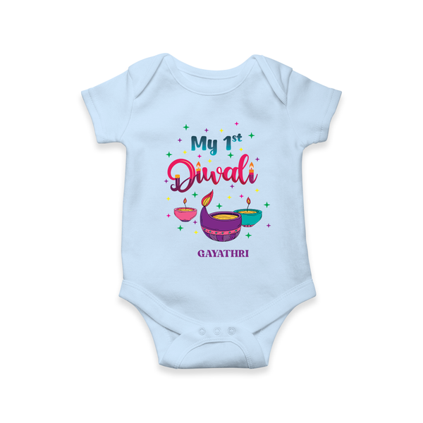 Diwali Celebration My 1ST Diwali Customized Diwali Themed printed Romper For Kids - BABY BLUE - 0 - 3 Months Old (Chest 16")