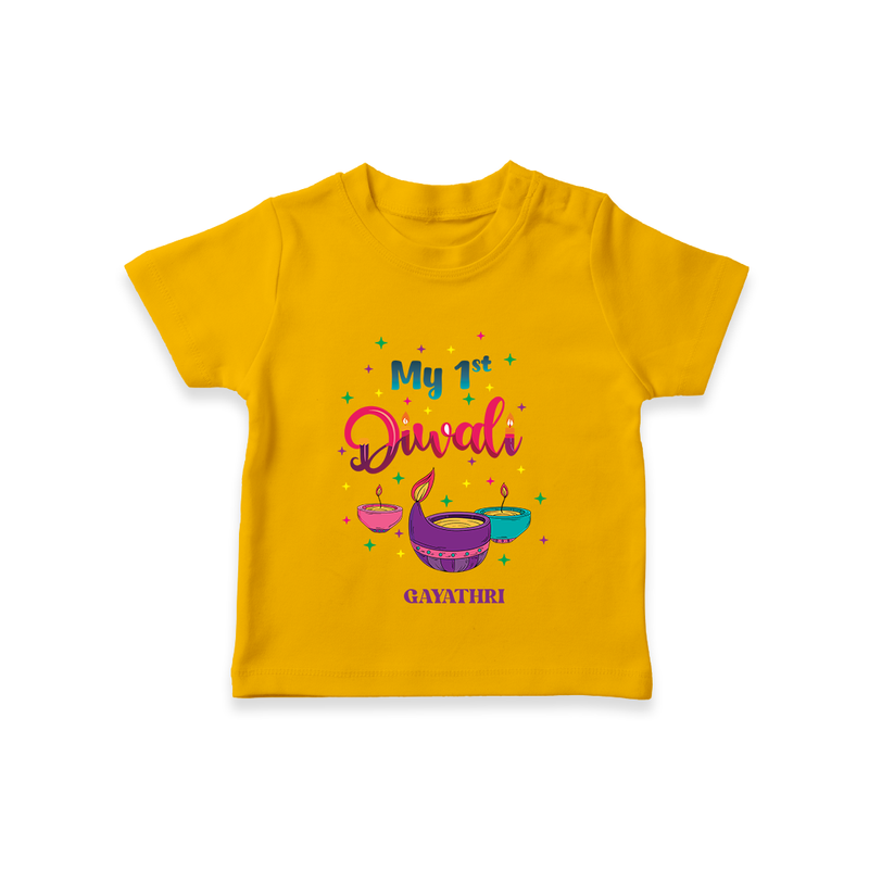 My 1ST Diwali - Personalized Diwali Theme printed T-Shirt For Kids - CHROME YELLOW - 0-5 Months Old (Chest 17")