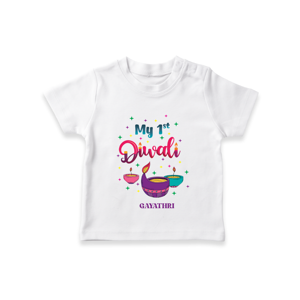 My 1ST Diwali - Personalized Diwali Theme printed T-Shirt For Kids - WHITE - 0-5 Months Old (Chest 17")