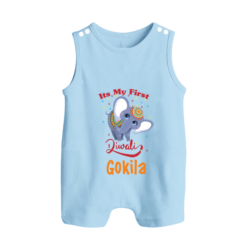 Happy Diwali | Sparkle and Fun Personalized Romper Suit - BABY BLUE - 0 - 5 Months Old (Chest 18")