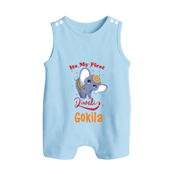 Happy Diwali | Sparkle and Fun Personalized Romper Suit - BABY BLUE - 0 - 5 Months Old (Chest 18")