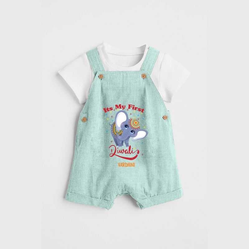 Its My First Diwali - Diwali Vibe Customized Kids Dungaree Set - ARCTIC BLUE - 0 - 5 Months Old (Chest 18")