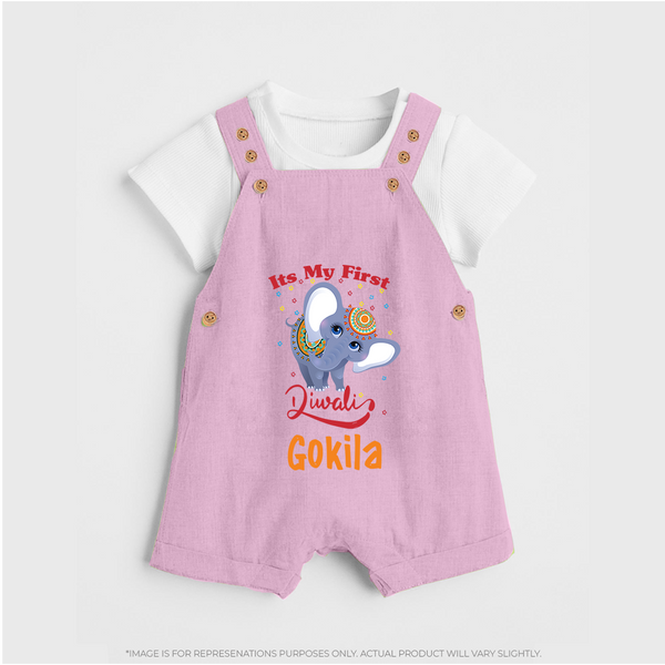Happy Diwali | Sparkle and Fun Personalized Dungaree Set - BABY PINK - 0 - 5 Months Old (Chest 18")