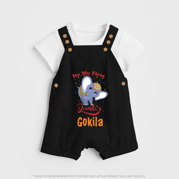 Happy Diwali | Sparkle and Fun Personalized Dungaree Set - BLACK - 0 - 5 Months Old (Chest 18")