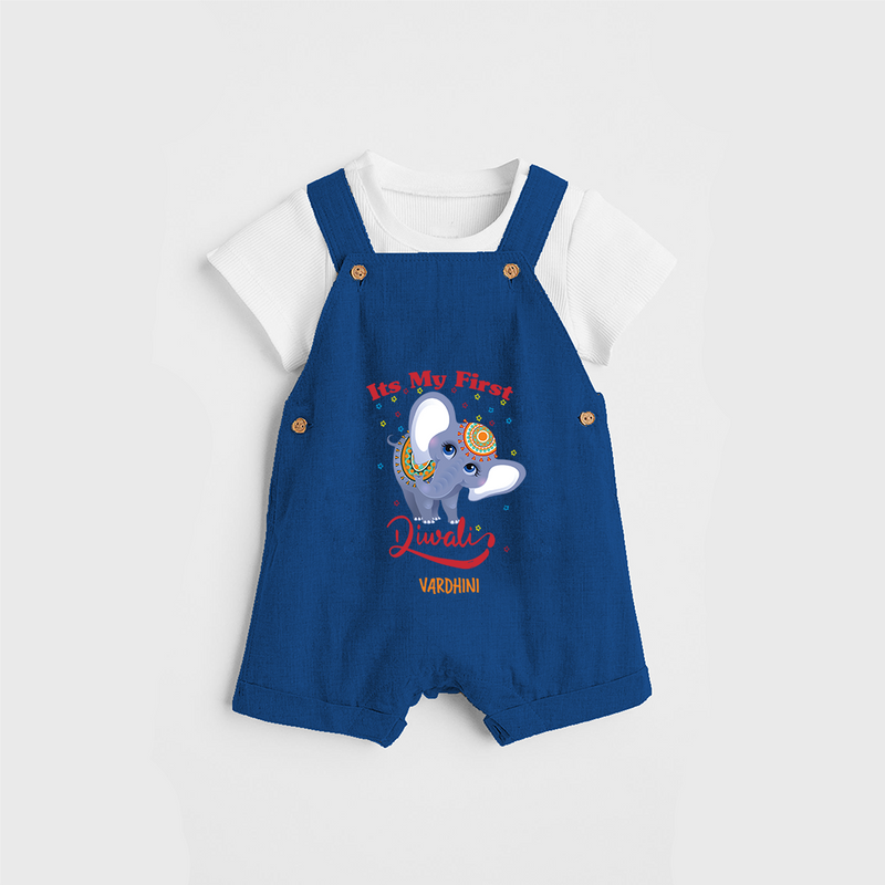 Its My First Diwali - Diwali Vibe Customized Kids Dungaree Set - COBALT BLUE - 0 - 5 Months Old (Chest 18")