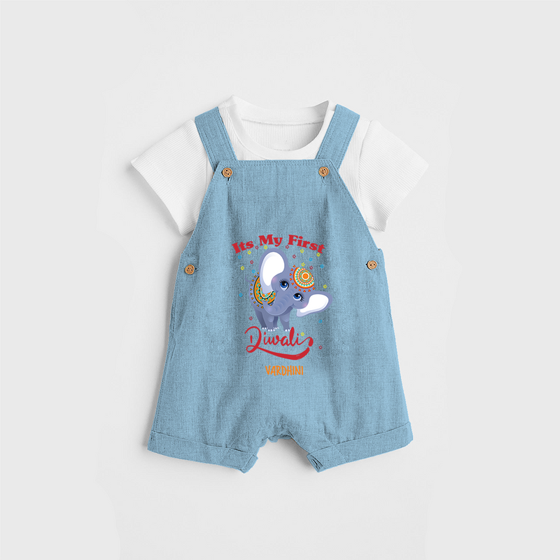 Its My First Diwali - Diwali Vibe Customized Kids Dungaree Set - SKY BLUE - 0 - 5 Months Old (Chest 18")