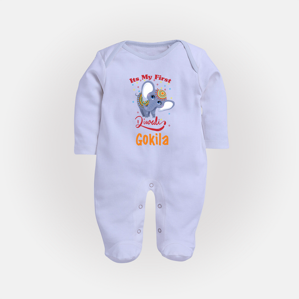 Happy Diwali | Sparkle and Fun Personalized Sleep Suit - BABY BLUE - New Born (Chest 7.5")