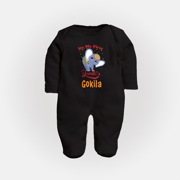 Happy Diwali | Sparkle and Fun Personalized Sleep Suit - BLACK - New Born (Chest 7.5")