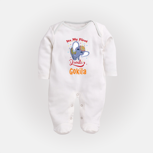 Happy Diwali | Sparkle and Fun Personalized Sleep Suit - WHITE - New Born (Chest 7.5")