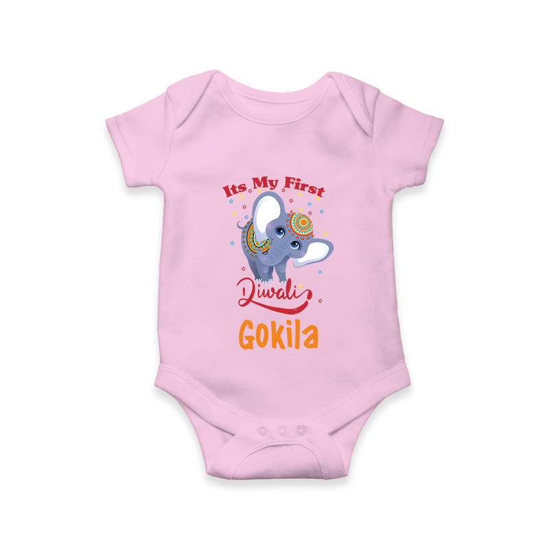 Happy Diwali | Sparkle and Fun Personalized Romper - BABY PINK - New Born (Chest 14")