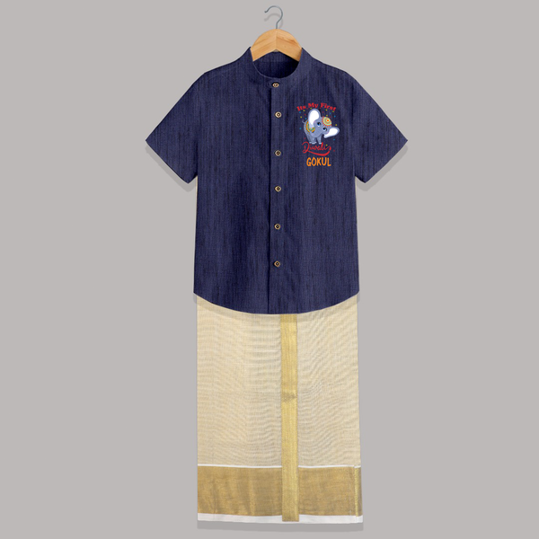 Happy Diwali | Sparkle and Fun Personalized Shirt And Dhoti - DARK BLUE - 0 - 6 Months Old (Chest-23") (Dhoti length-14")