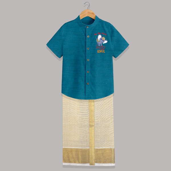 Happy Diwali | Sparkle and Fun Personalized Shirt And Dhoti - PEACOCK BLUE - 0 - 6 Months Old (Chest-23") (Dhoti length-14")