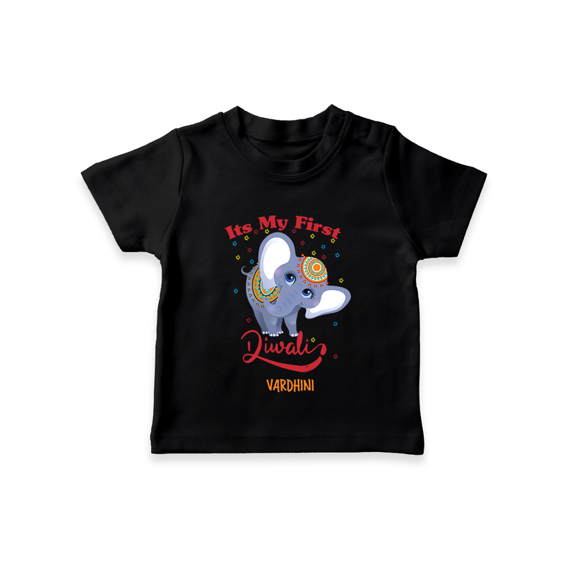 Its My First Diwali - Diwali Vibe Customized Kids T-Shirt - BLACK - 0-5 Months Old (Chest 17")