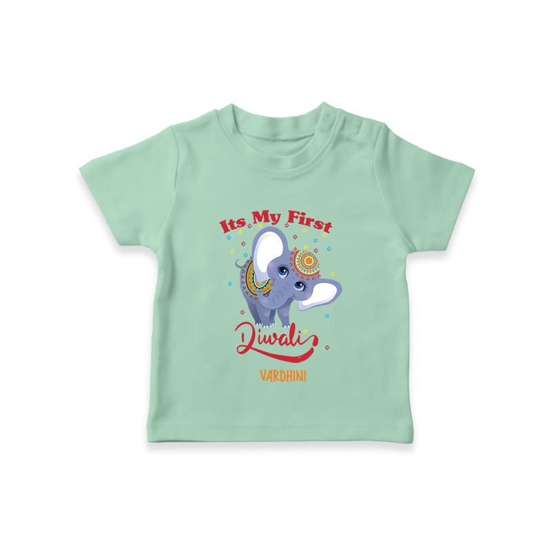 Its My First Diwali - Diwali Vibe Customized Kids T-Shirt - MINT GREEN - 0-5 Months Old (Chest 17")