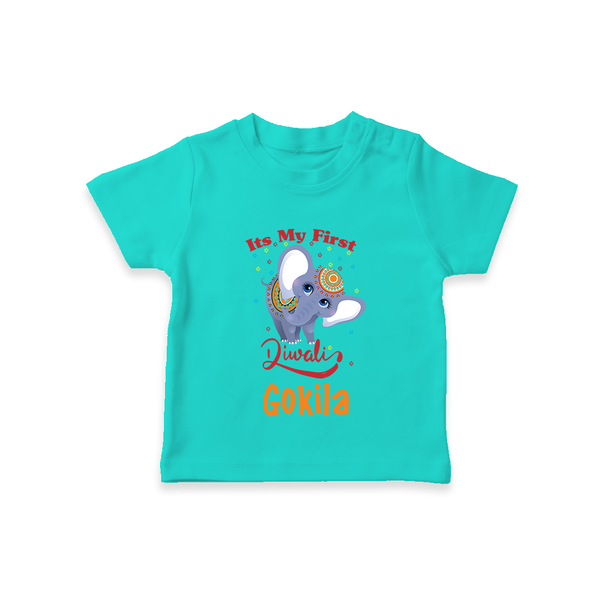Happy Diwali | Sparkle and Fun Personalized T-Shirt - TEAL - 0-5 Months Old (Chest 17")