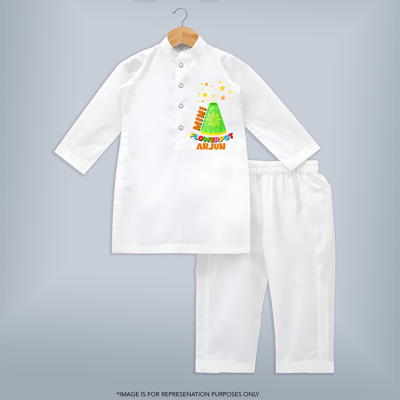 Mini Flowerpot  - Customized Diwali Themed Kurta Set - WHITE - 3 - 6 Months Old (Chest 24", Kurta Length 14'', Waist 19", Pant Length 14")