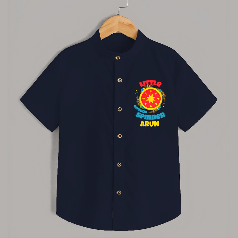 Little Ground Spinner - Customized Diwali Themed Shirt - NAVY BLUE - 0 - 6 Months Old (Chest 23")