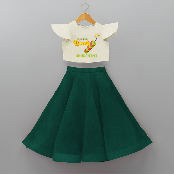 Cutest Bomb  - Customized Diwali Themed Crop Top And Skirt - BOTTLE GREEN - 6 - 9 Months Old (Chest 20" , Frock Waist 20")