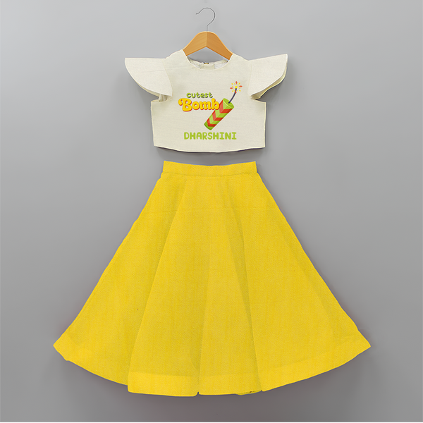 Cutest Bomb  - Customized Diwali Themed Crop Top And Skirt - YELLOW - 6 - 9 Months Old (Chest 20" , Frock Waist 20")