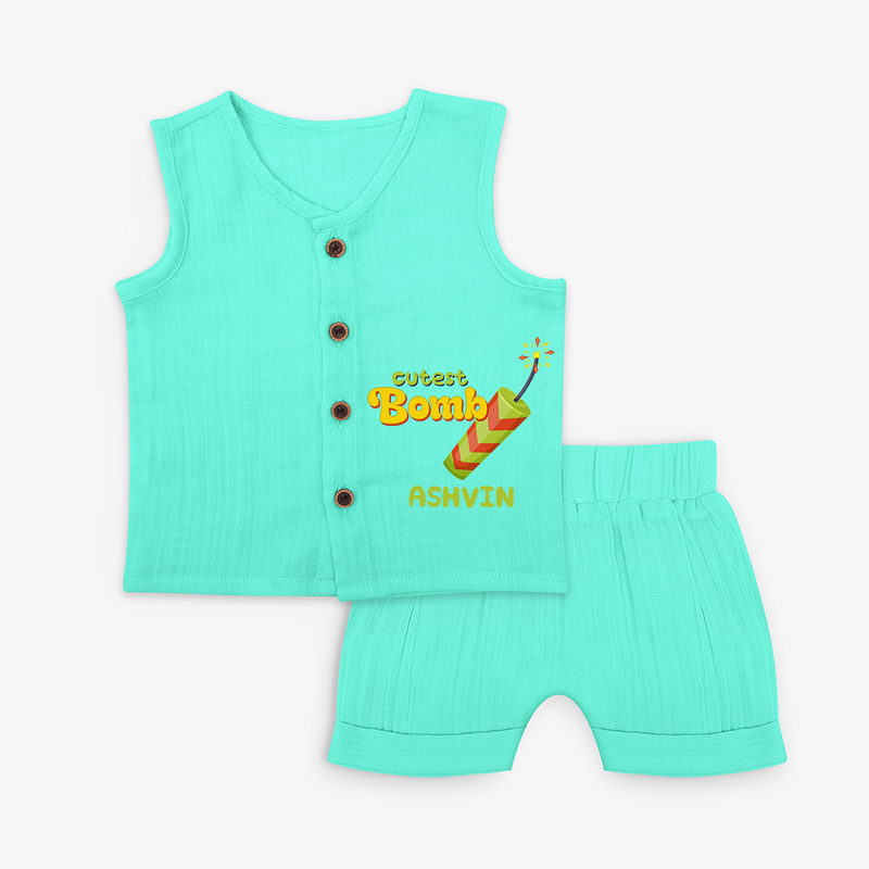 Cutest Bomb  - Customized Diwali Themed Jabla Set - AQUA GREEN - 0 - 3 Months Old (Chest 9.8")