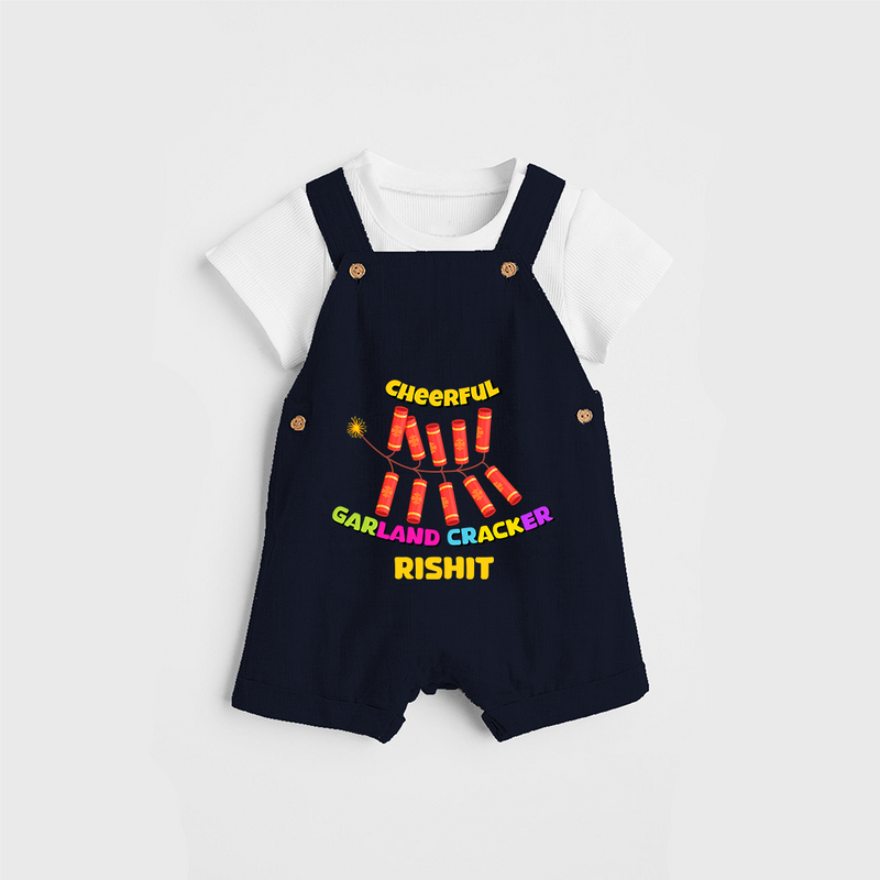 Cheerful Garland Cracker - Customized Diwali Themed Dungaree Set - NAVY BLUE - 0 - 5 Months Old (Chest 18")