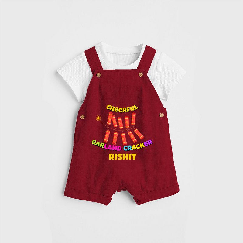 Cheerful Garland Cracker - Customized Diwali Themed Dungaree Set - RED - 0 - 5 Months Old (Chest 18")