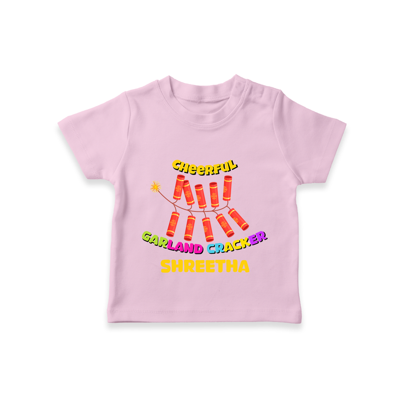 Cheerful Garland Cracker - Customized Diwali Themed T-Shirt - PINK - 0 - 5 Months Old (Chest 17")