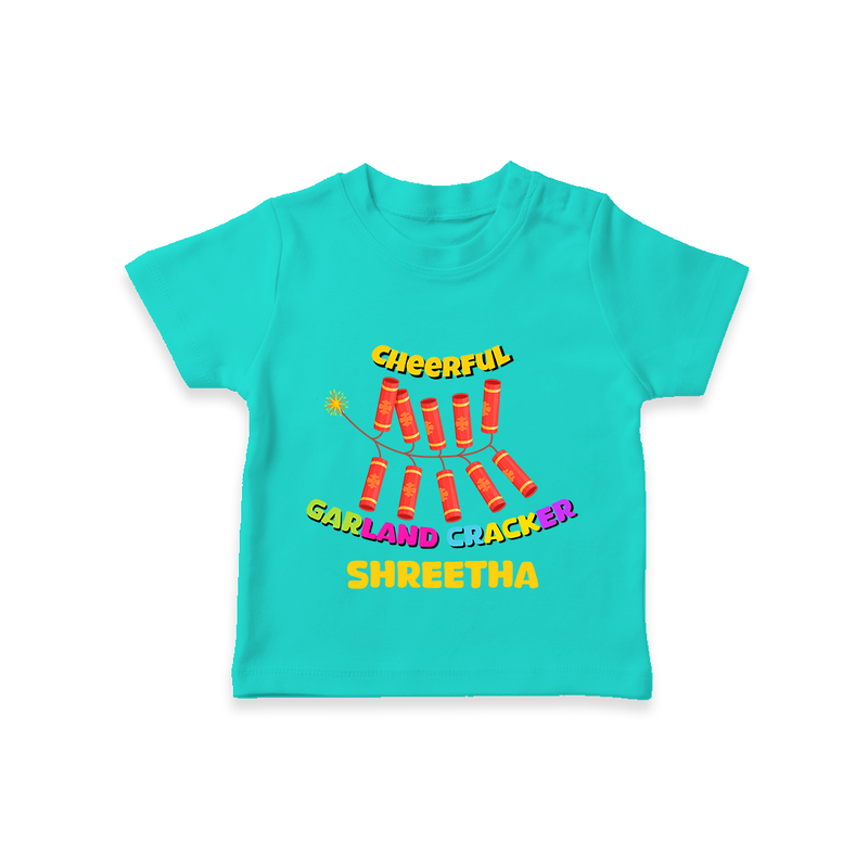 Cheerful Garland Cracker - Customized Diwali Themed T-Shirt - TEAL - 0 - 5 Months Old (Chest 17")