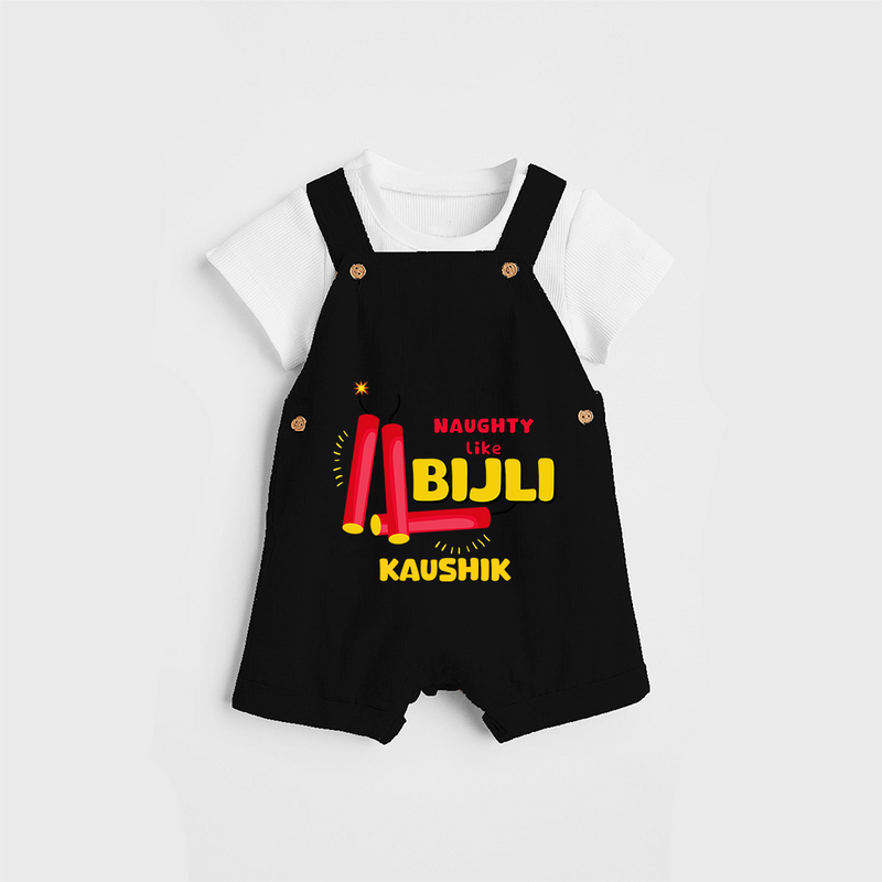 Naughty Like Bijli - Customized Diwali Themed Dungaree Set - BLACK - 0 - 5 Months Old (Chest 18")