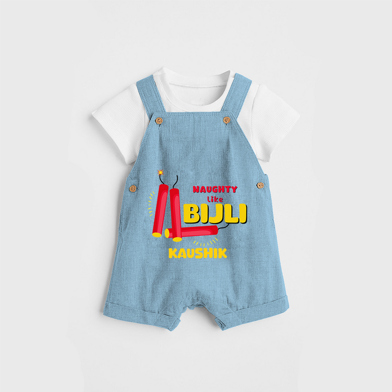 Naughty Like Bijli - Customized Diwali Themed Dungaree Set - SKY BLUE - 0 - 5 Months Old (Chest 18")