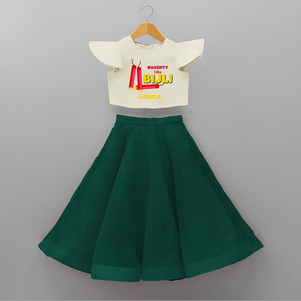 Naughty Like Bijli - Customized Diwali Themed Crop Top And Skirt - BOTTLE GREEN - 6 - 9 Months Old (Chest 20" , Frock Waist 20")