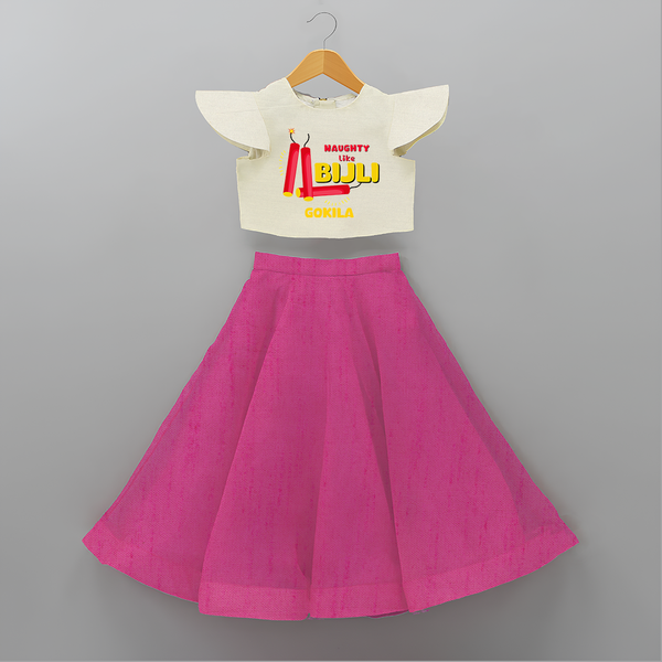 Naughty Like Bijli - Customized Diwali Themed Crop Top And Skirt - FUSCHIA - 6 - 9 Months Old (Chest 20" , Frock Waist 20")