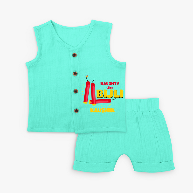 Naughty Like Bijli - Customized Diwali Themed Jabla Set - AQUA GREEN - 0 - 3 Months Old (Chest 9.8")