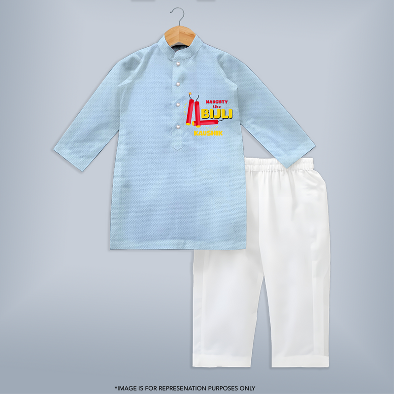 Naughty Like Bijli - Customized Diwali Themed Kurta Set - SKY BLUE - 3 - 6 Months Old (Chest 24", Kurta Length 14'', Waist 19", Pant Length 14")