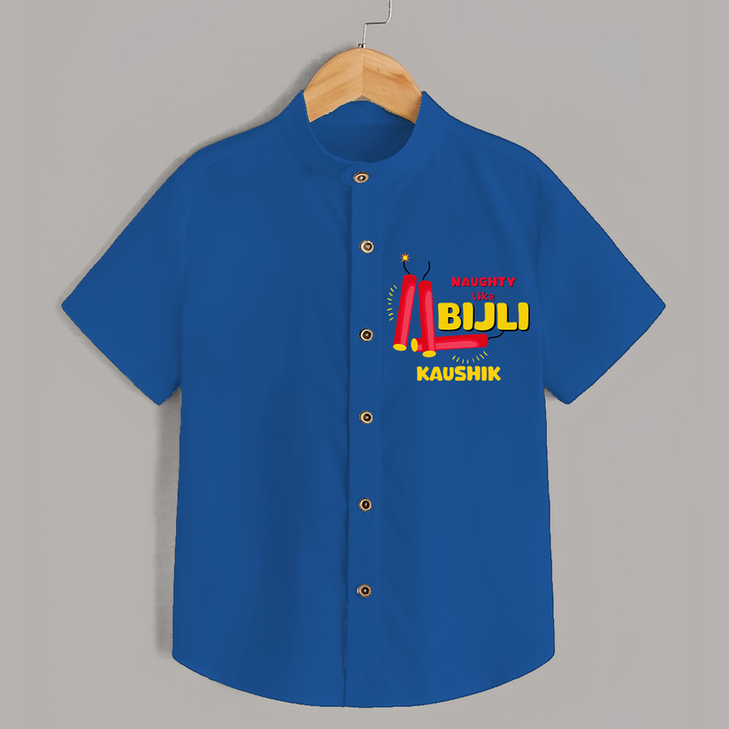 Naughty Like Bijli - Customized Diwali Themed Shirt - COBALT BLUE - 0 - 6 Months Old (Chest 23")