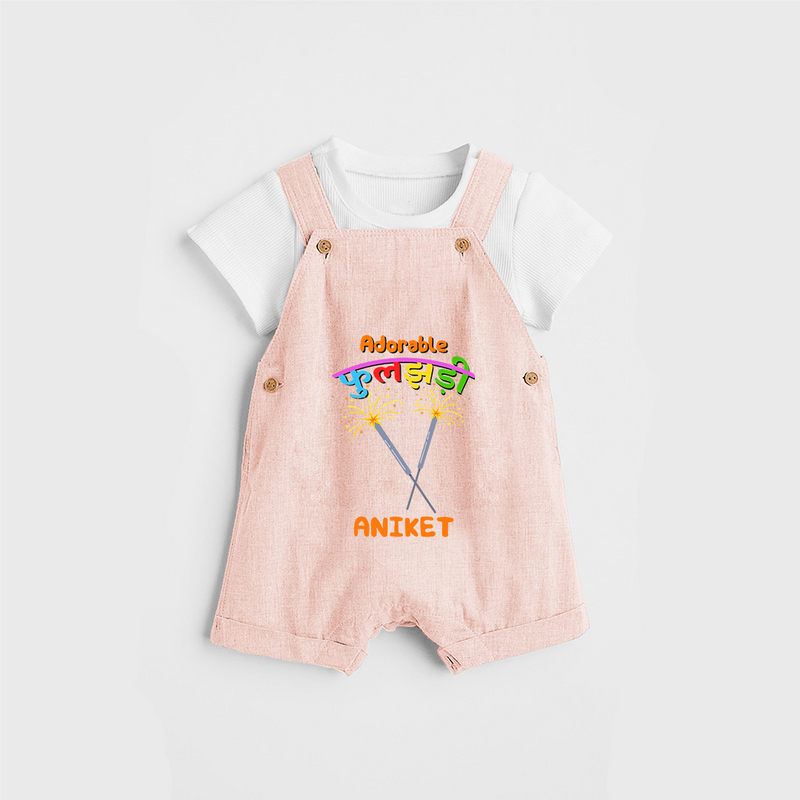 Adorable phulajhadee - Customized Diwali Themed Dungaree Set For Kids - PEACH - 0 - 5 Months Old (Chest 18")