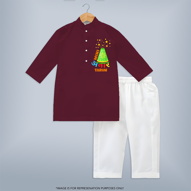 Mini Anaar  - Customized Diwali Themed Kurta Set For Kids - MAROON - 3 - 6 Months Old (Chest 24", Kurta Length 14'', Waist 19", Pant Length 14")