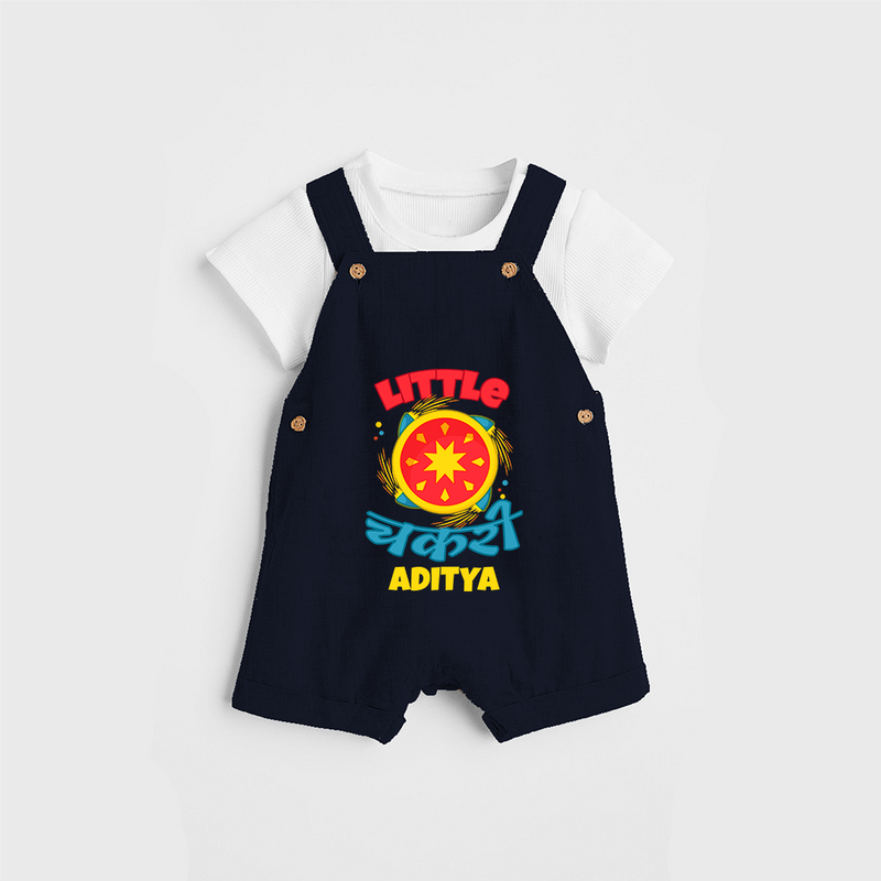 Little Chakri - Customized Diwali Themed Dungaree Set For Kids - NAVY BLUE - 0 - 5 Months Old (Chest 18")