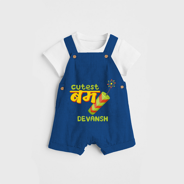 Cutest Bomb  - Customized Diwali Themed Dungaree Set For Kids - COBALT BLUE - 0 - 5 Months Old (Chest 18")