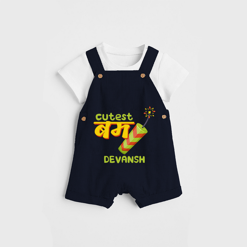 Cutest Bomb  - Customized Diwali Themed Dungaree Set For Kids - NAVY BLUE - 0 - 5 Months Old (Chest 18")