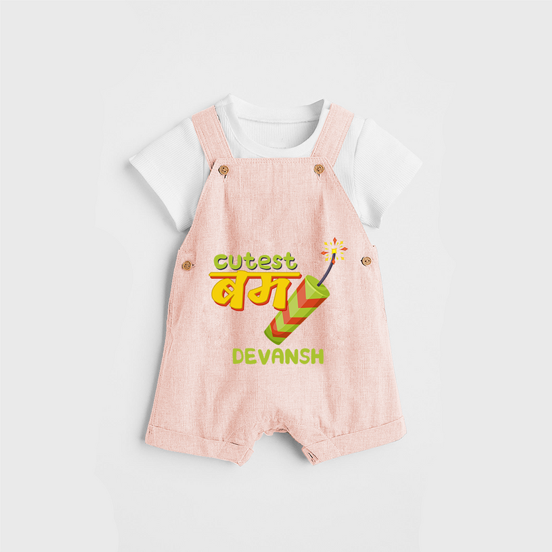 Cutest Bomb  - Customized Diwali Themed Dungaree Set For Kids - PEACH - 0 - 5 Months Old (Chest 18")