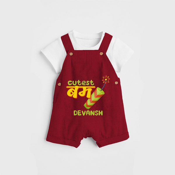 Cutest Bomb  - Customized Diwali Themed Dungaree Set For Kids - RED - 0 - 5 Months Old (Chest 18")