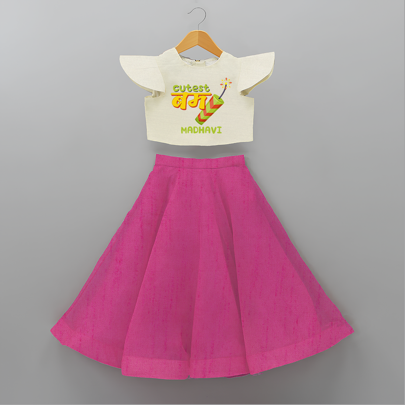 Cutest Bomb  - Customized Diwali Themed Crop Top And Skirt For Kids - FUSCHIA - 6 - 9 Months Old (Chest 20" , Frock Waist 20")